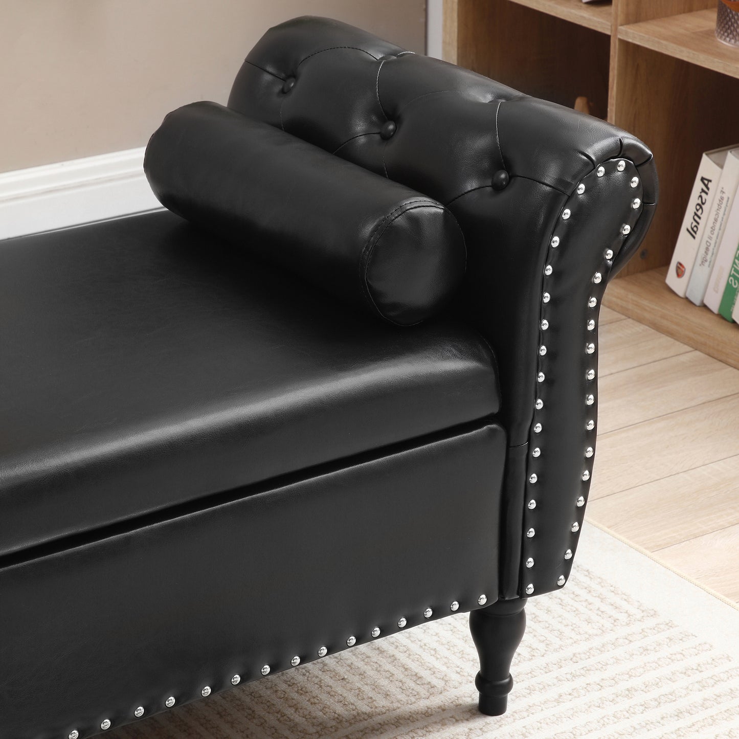 63 Black Upholstered Storage Bench Ottoman with Pillow