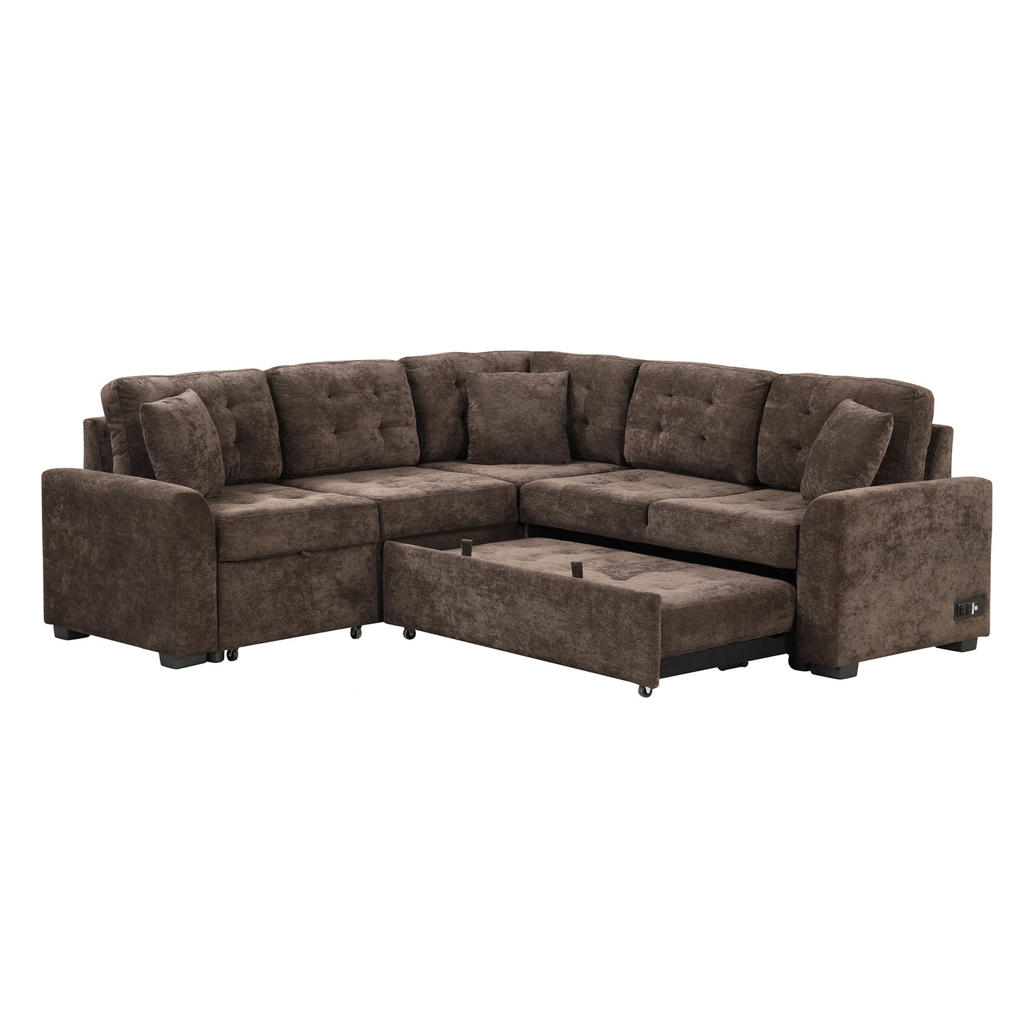 Convertible L-Shape Sleeper Sofa with USB Ports and Power Sockets, Brown