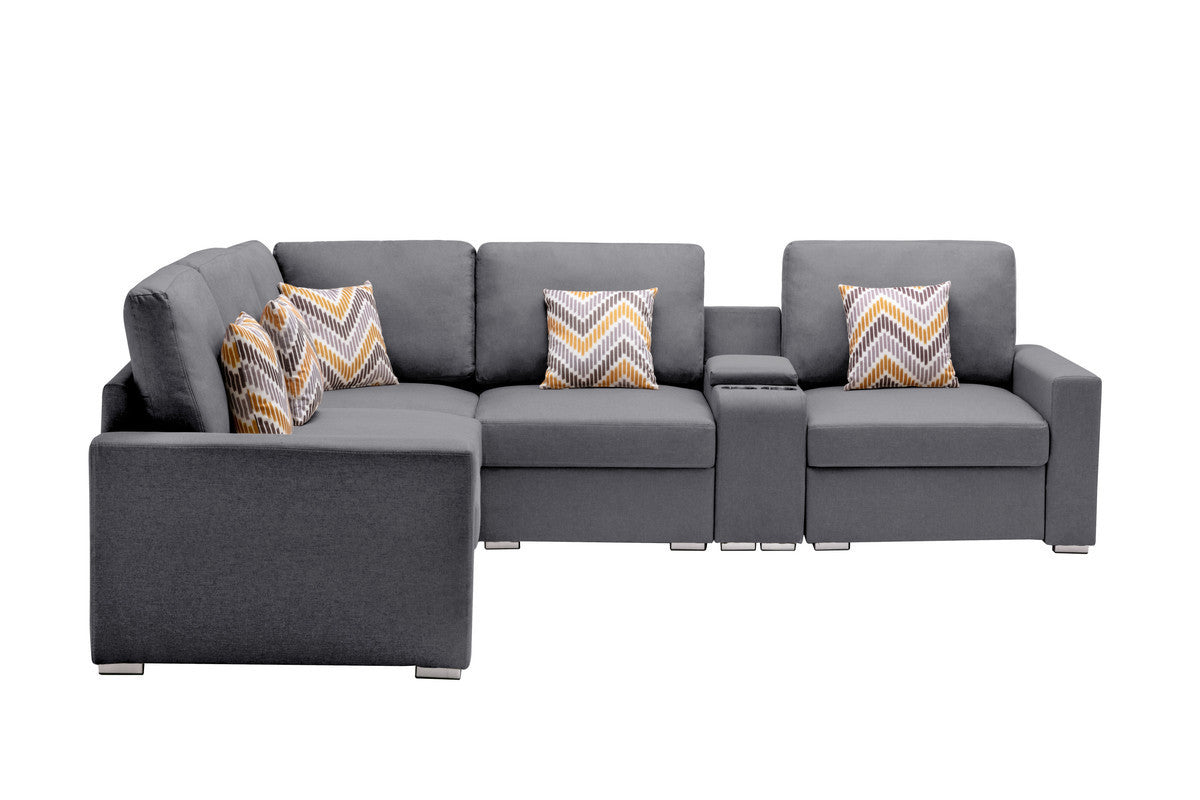 Nolan Gray Linen Fabric 6-Piece Transformable Sectional Sofa with USB, Charging Ports, Cupholders, Storage Console Table, Pillows, and Adjustable Legs