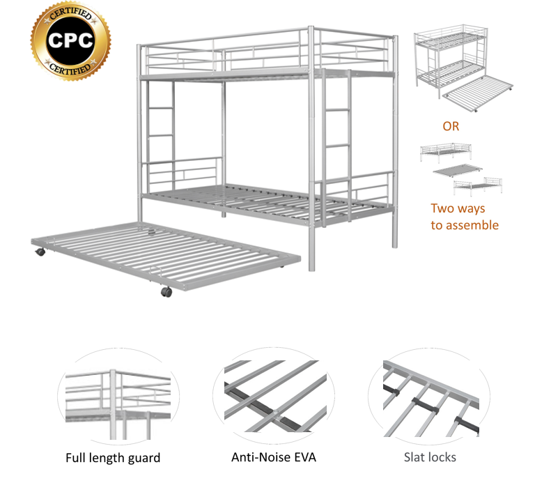 Metal Twin Bunk Bed with Trundle and Safety Features for Versatile Use