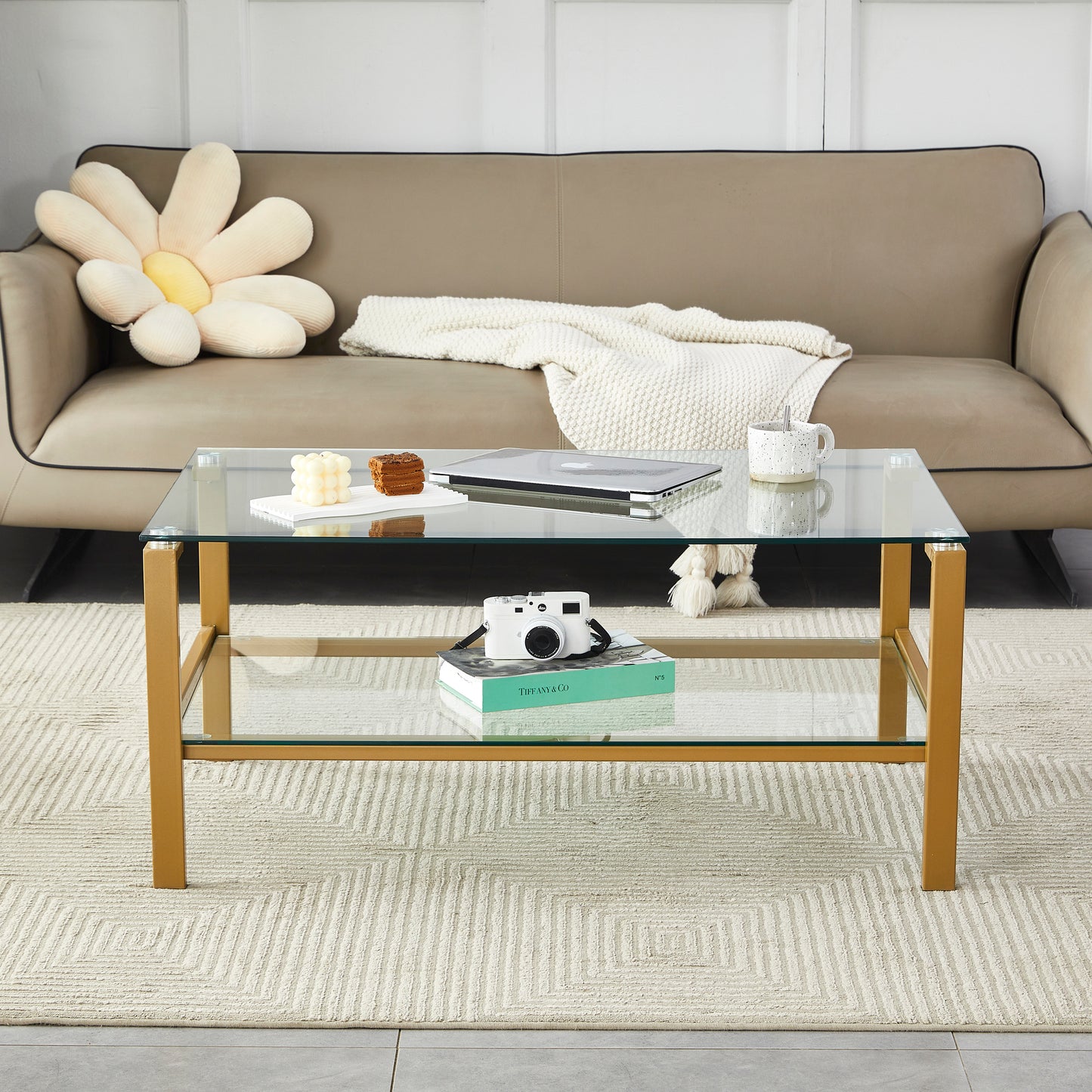 Golden Leg Clear Glass Coffee Table with Two Layers Storage Space