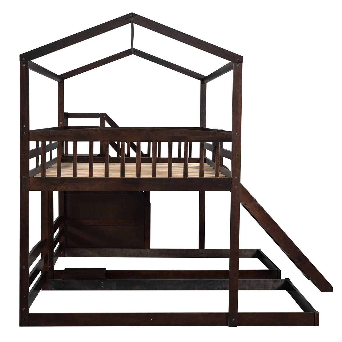 Versatile Full over Twin & Twin Bunk Bed in Espresso with Slide and Storage Staircase