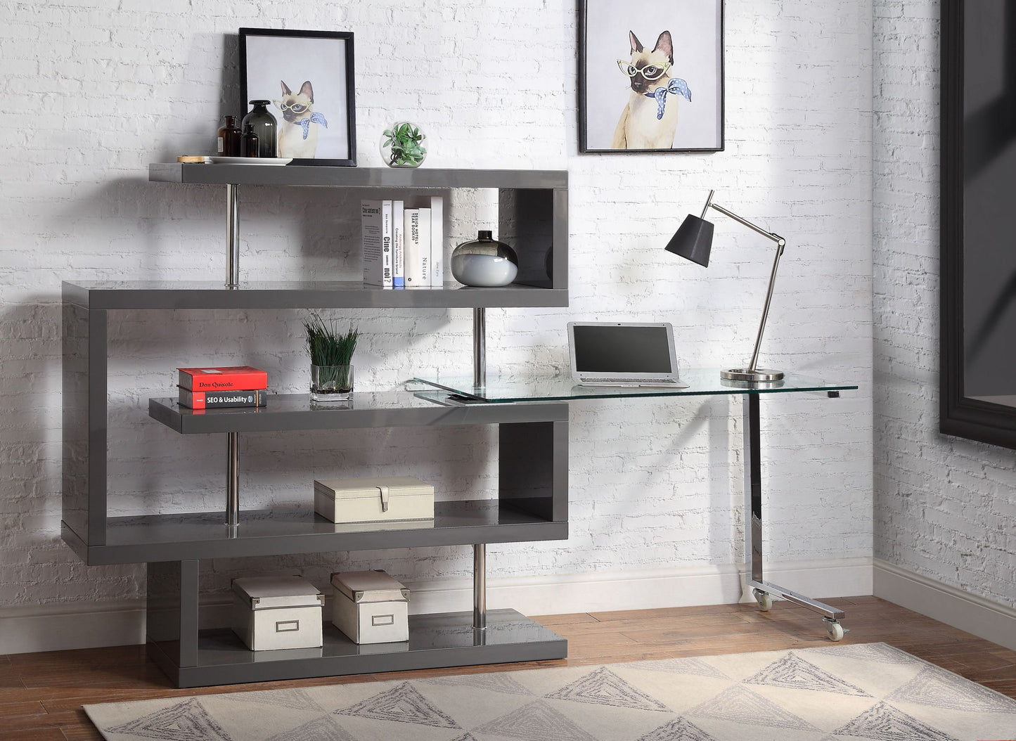 Versatile Glass Writing Desk with Swiveling Shelf and Gray Finish for Small Spaces