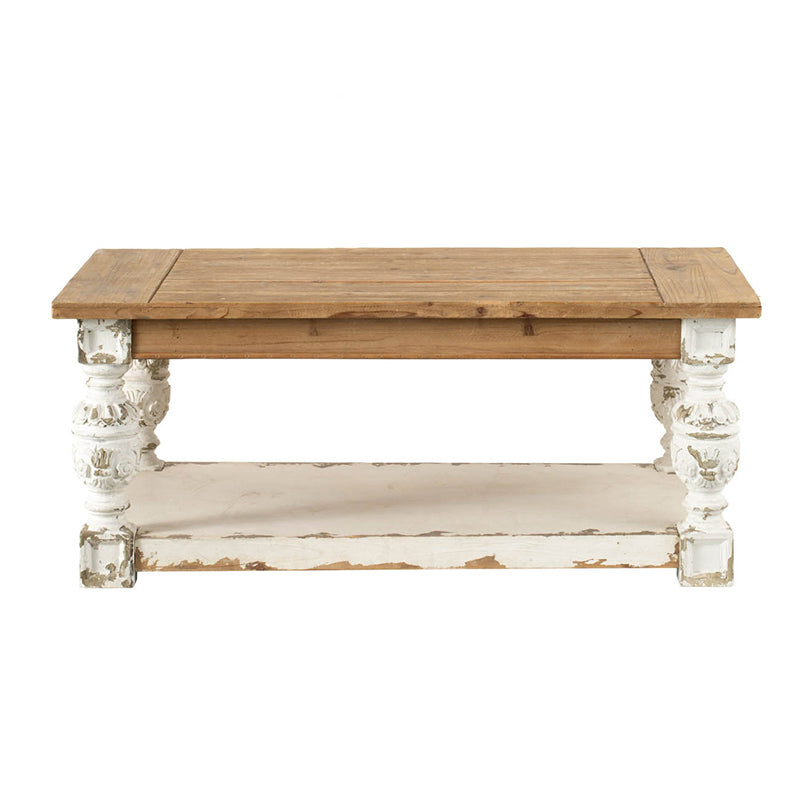 French Country Wooden Coffee Table with Ornate Legs and Storage Shelf