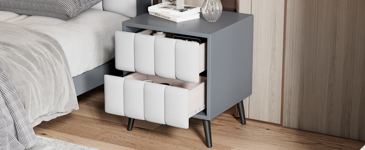 2-Drawer Nightstand for Bedroom, Mordern Wood+Linen Bedside Table with Classic Design,Gray+White