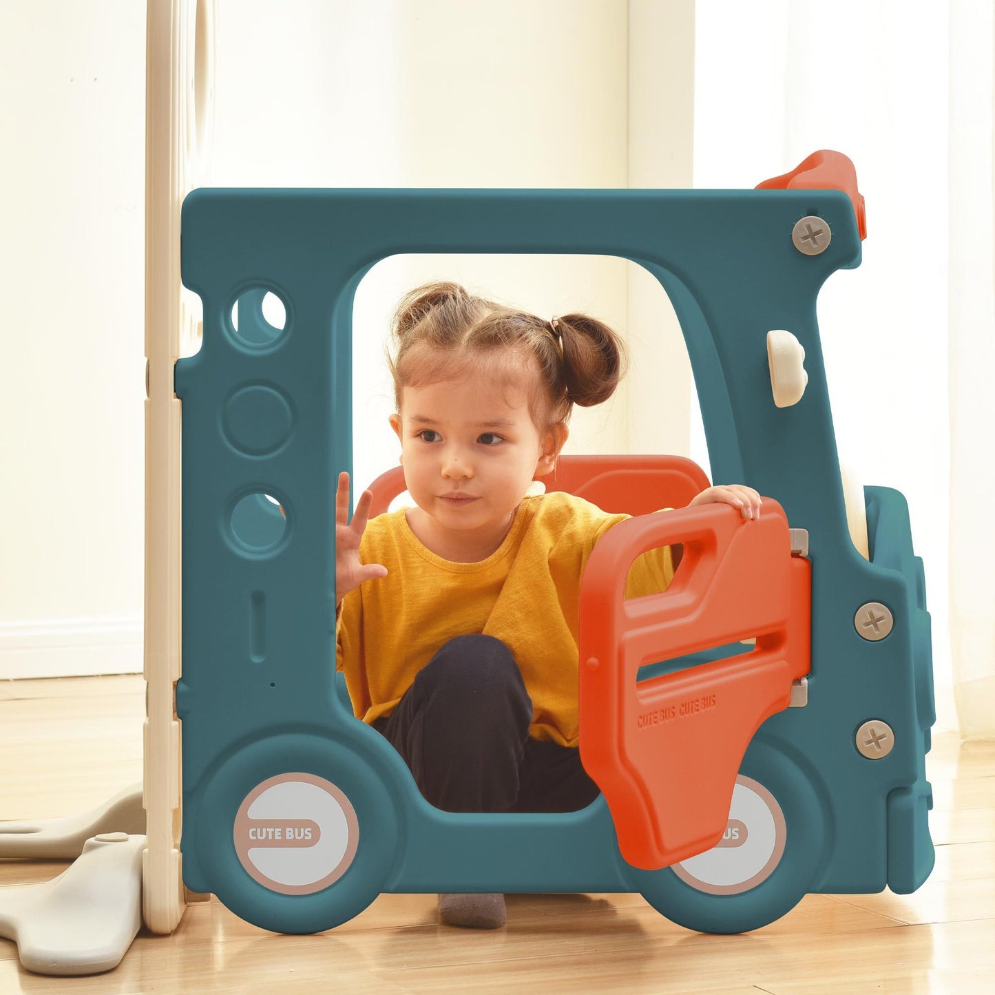 Children's Freestanding Bus Slide and Play Structure with Basketball Hoop