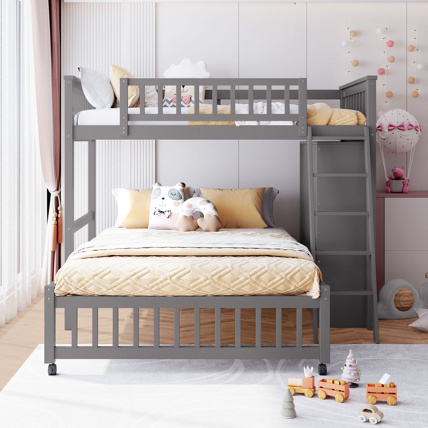 Gray Twin Over Full Bunk Bed With Storage Drawers And Wheels