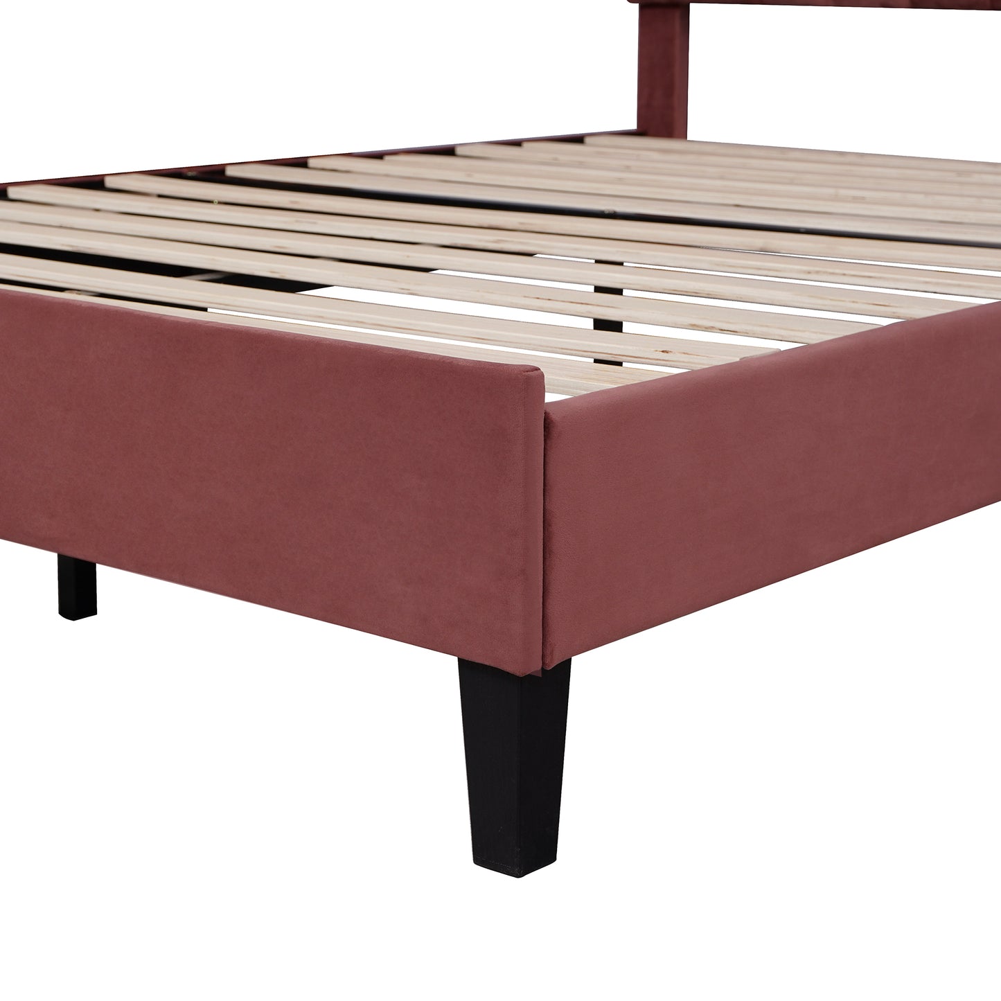 Full Size Upholstered Platform Bed with Flower Pattern Velvet Headboard, Bean Paste Red