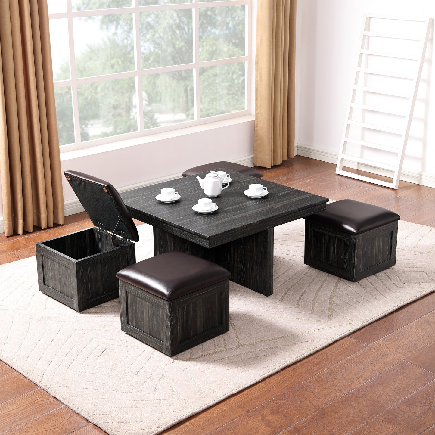 Versatile Coffee Table Set with 4 Storage Stools and Space-Saving Design