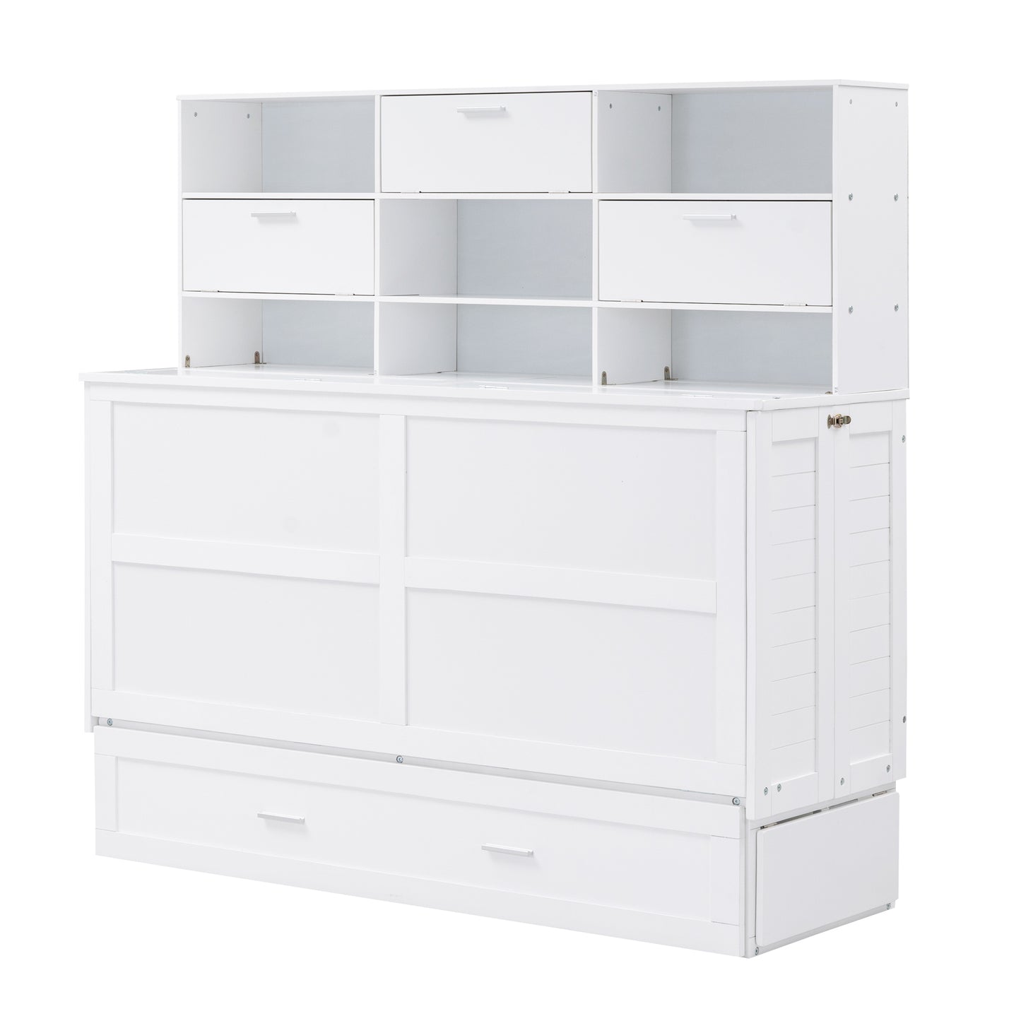 Queen Size Murphy Bed with Bookcase, Bedside Shelves and a Big Drawer, White