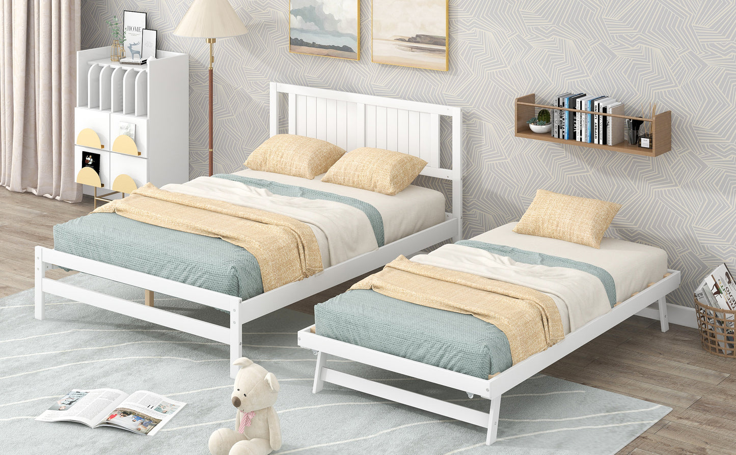 Full Size Platform Bed with Adjustable Trundle,White