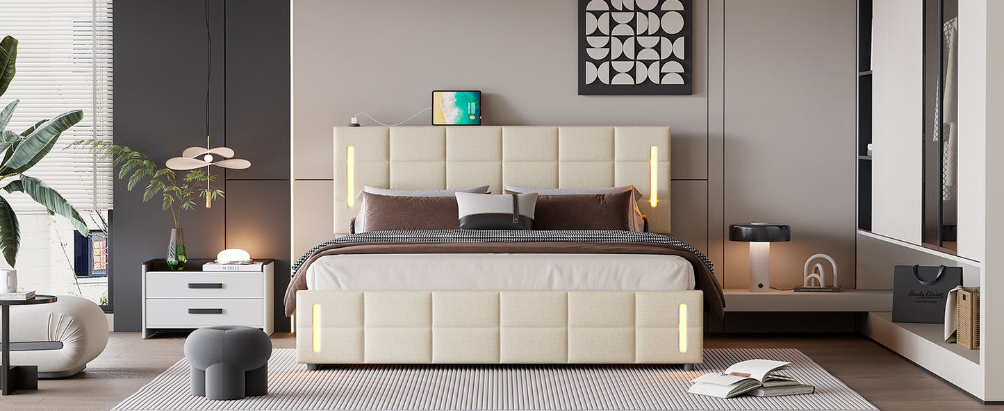 Queen Size Upholstered Bed with Hydraulic Storage System and LED Light, Beige