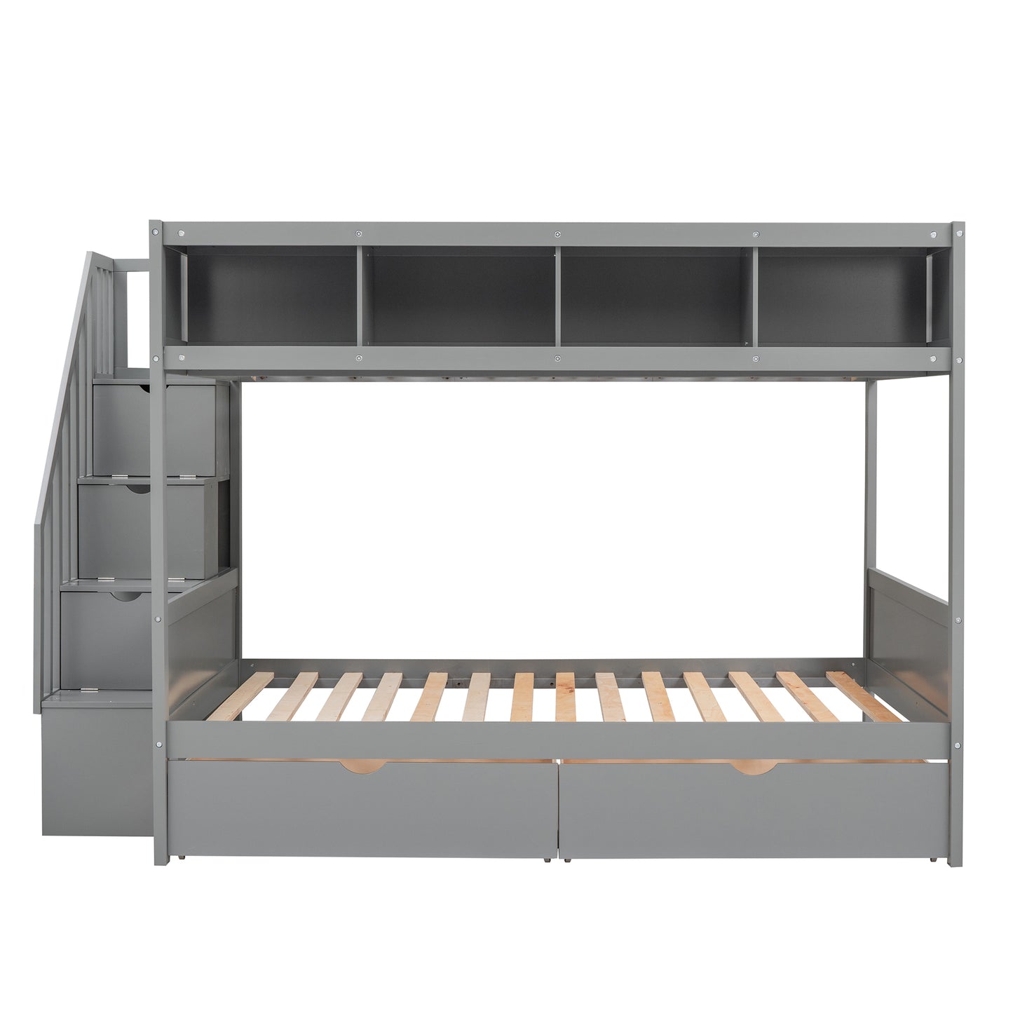 Twin over Full Bunk Bed with Storage Staircase, Drawers, and Shelfs in Gray