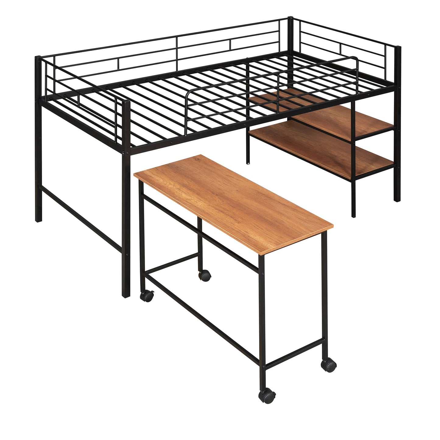 Twin Size Metal Loft Bed with Desk and Shelves,Black