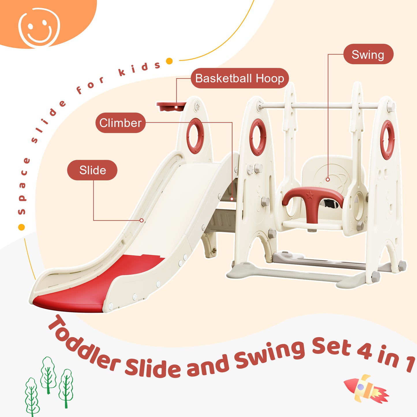 4 in 1 Toddler Slide and Swing Set with Basketball Hoop