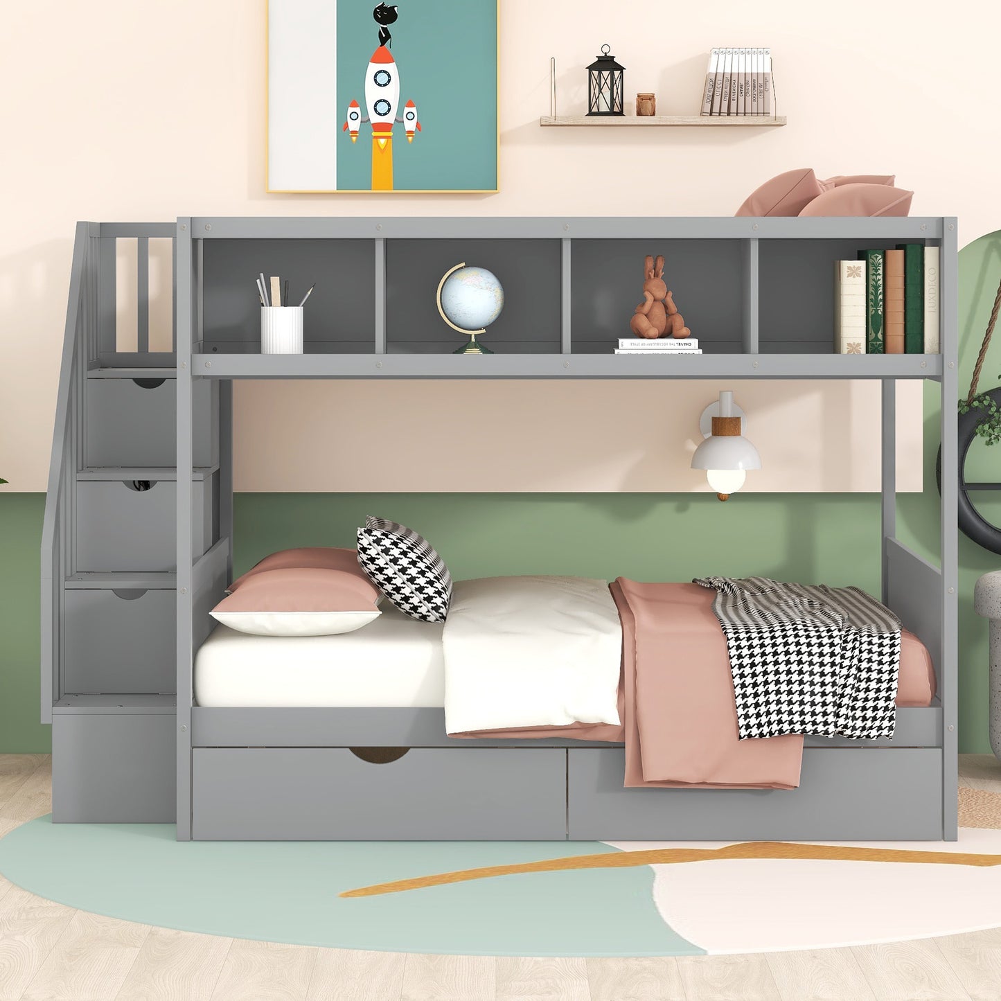 Twin over Full Bunk Bed with Storage Staircase, Drawers, and Shelfs in Gray