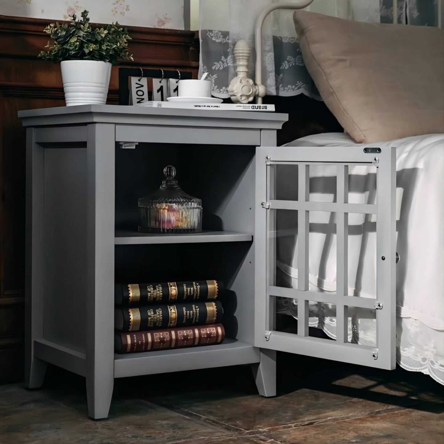 Bedroom Small Bedside Table/Night Stand with Open door Storage Compartments, grey