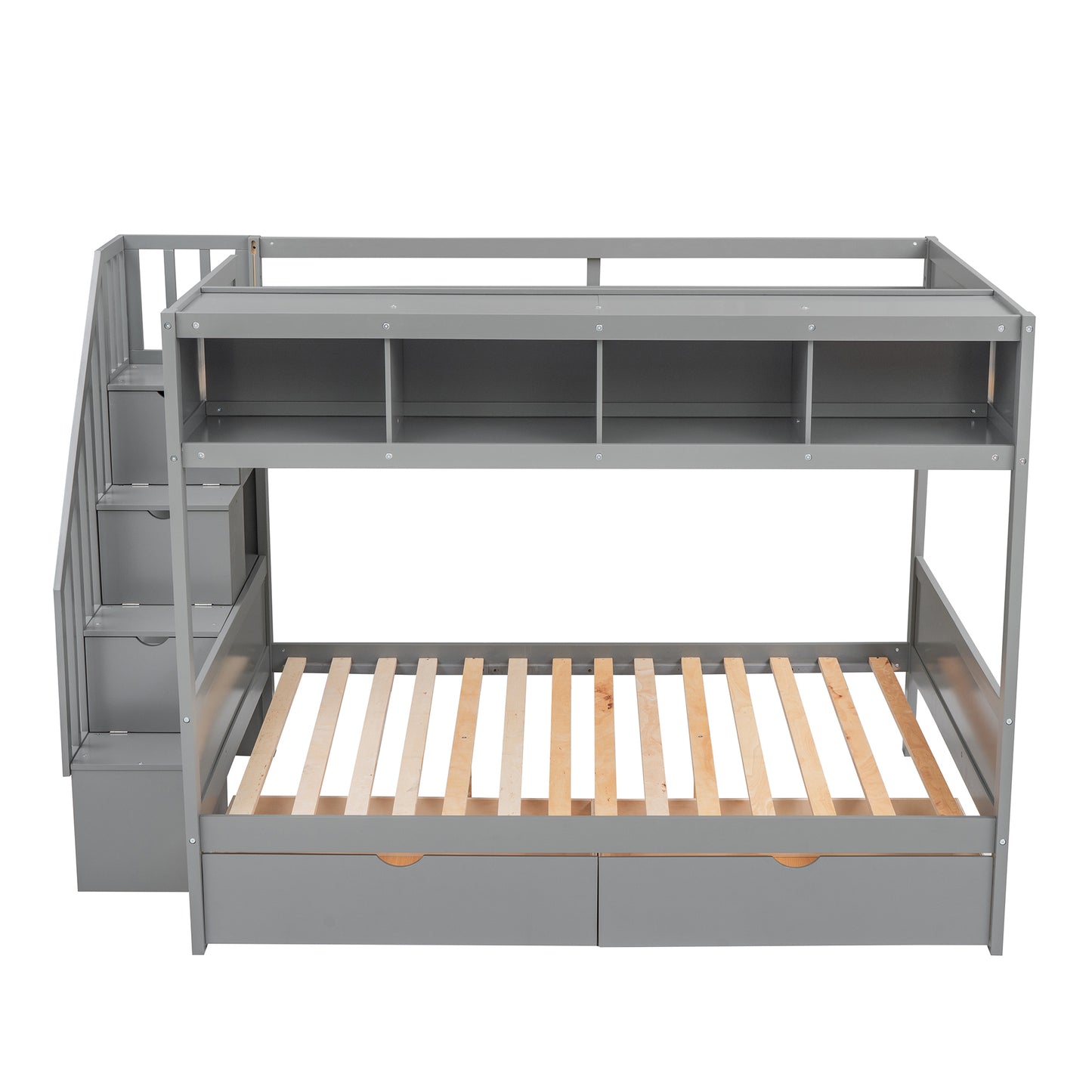 Twin over Full Bunk Bed with Storage Staircase, Drawers, and Shelfs in Gray