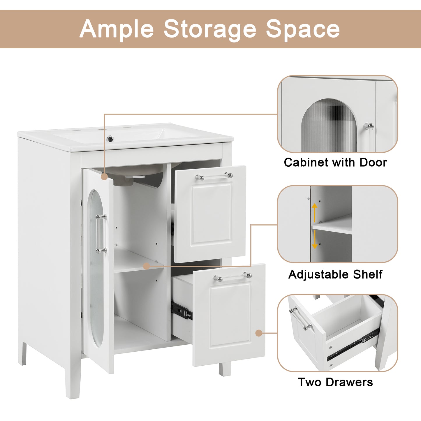 24-Inch White Bathroom Vanity Cabinet with Sink, Two Drawers, and Adjustable Shelf