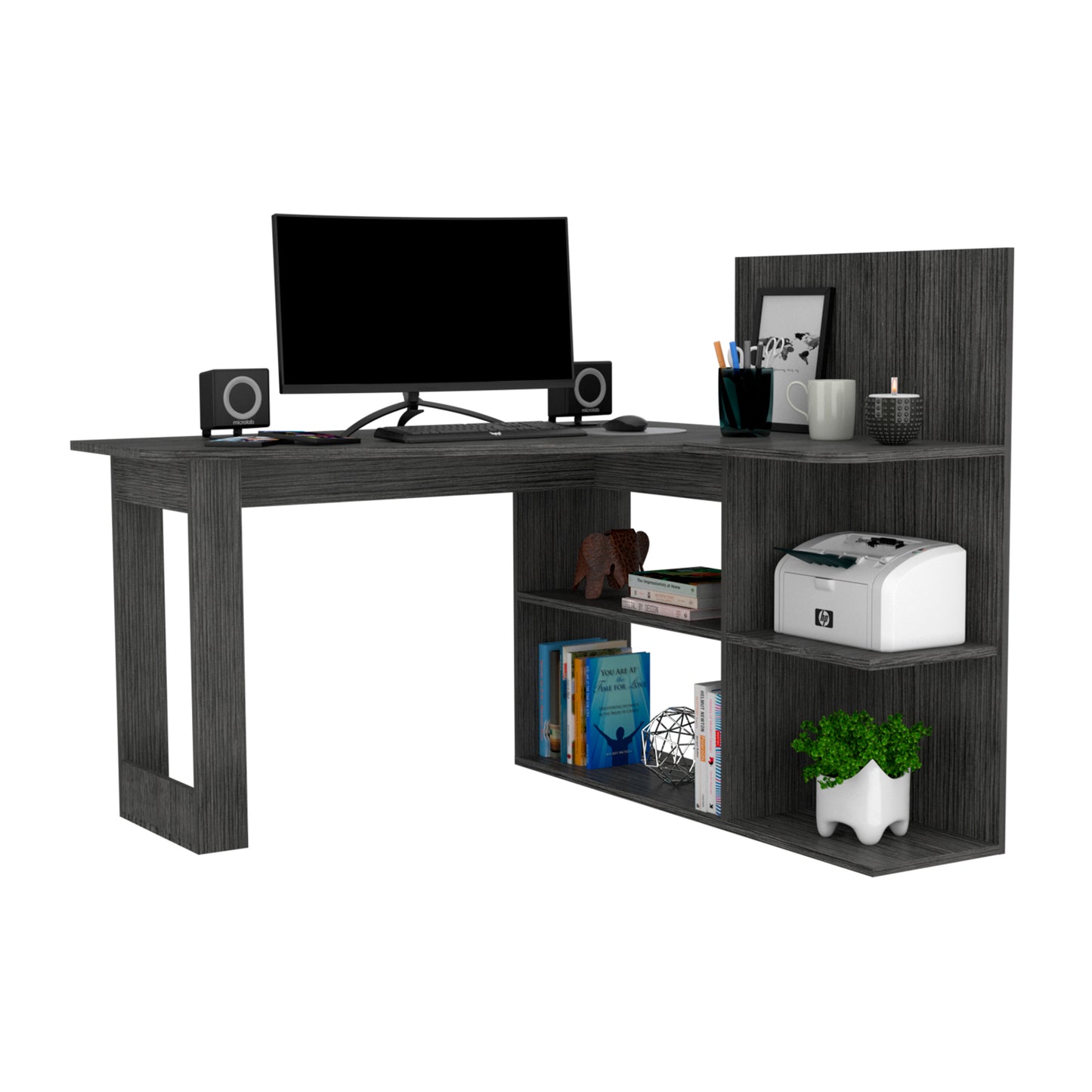 Sleek Oak L-Shaped Desk with Open Shelving