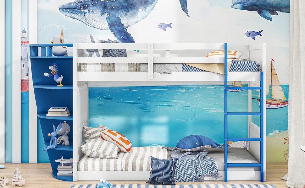 White and Blue Boat-Inspired Twin over Twin Bunk Bed with Storage Shelves