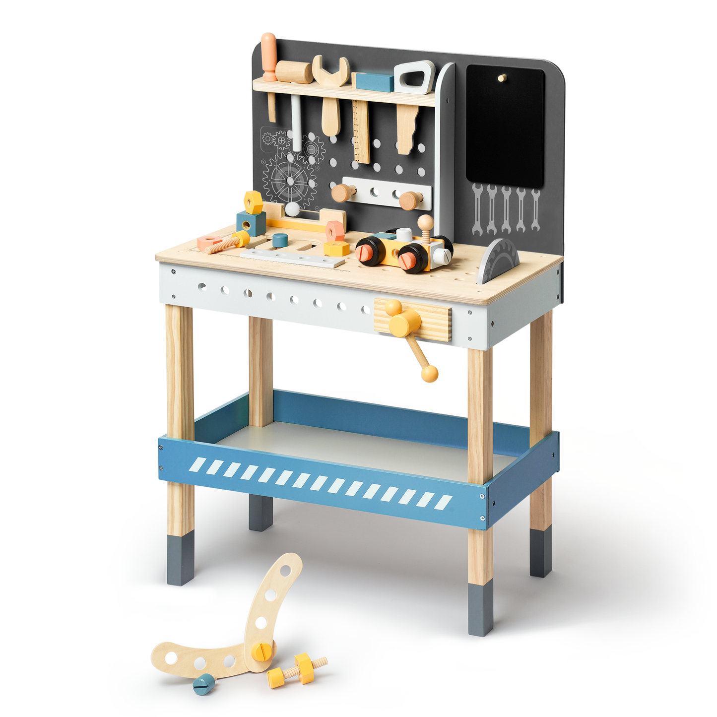 Kids' DIY Wooden Workbench with Blackboard and Tool Playset