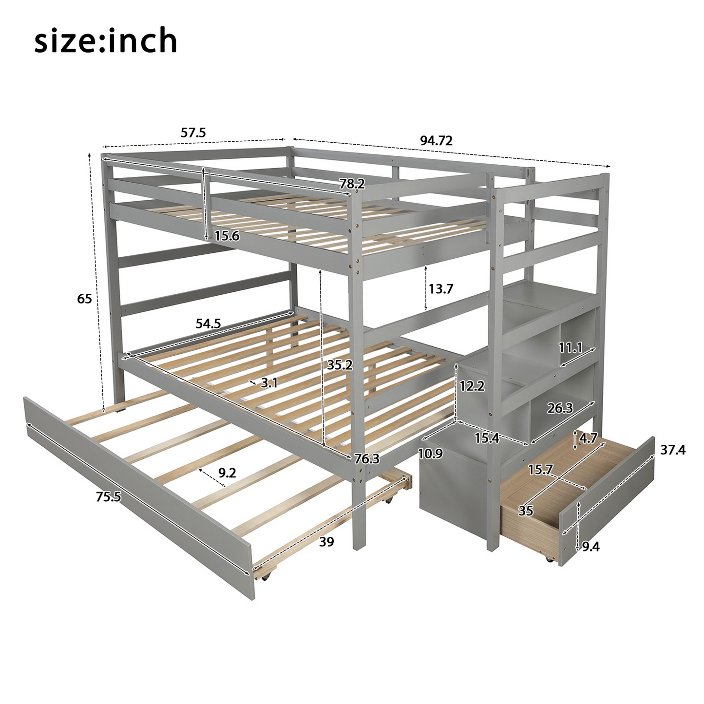 Stairway Full-Over-Full Bunk Bed with Twin Size Trundle and Drawer in Gray