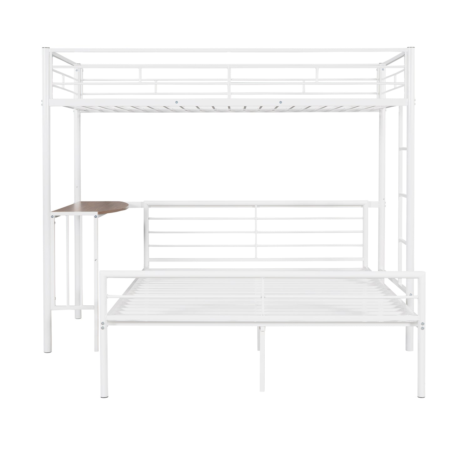 Metallic White Twin Over Full Bunk Bed with Desk and Ladder