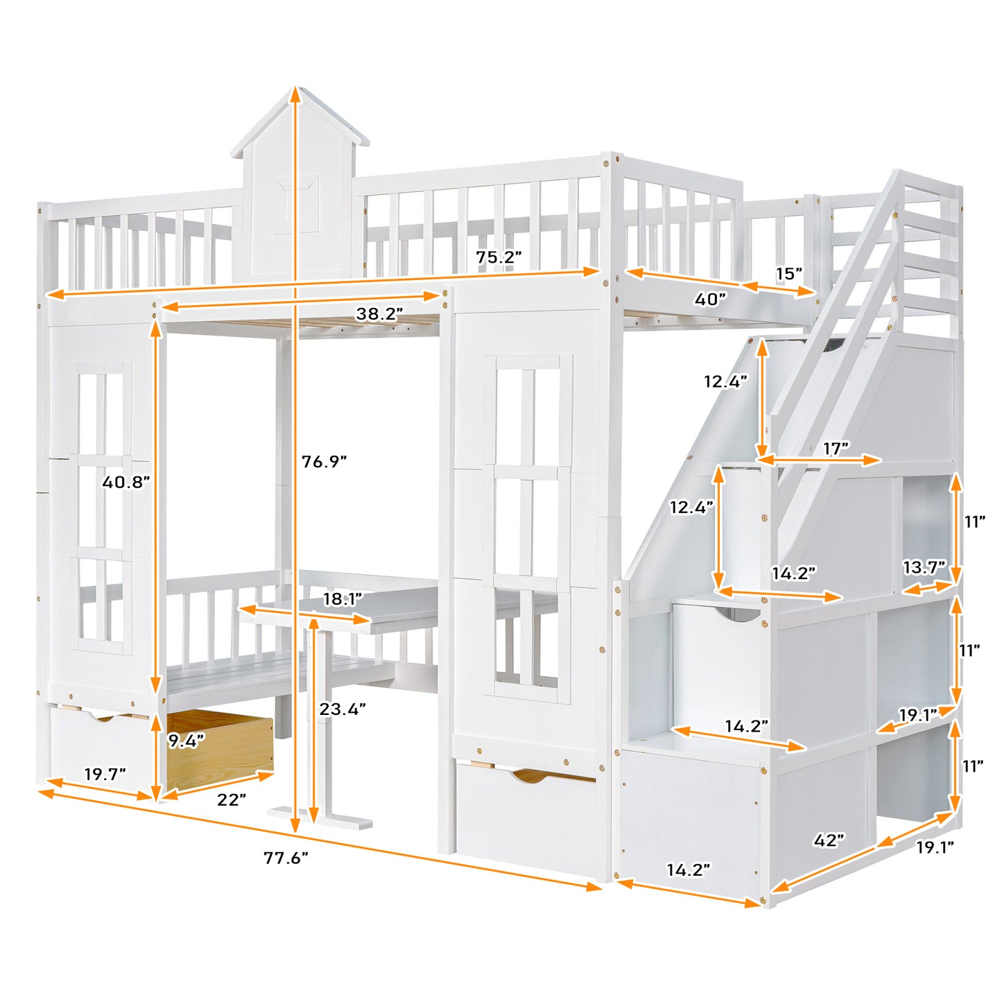 Convertible Twin Bunk Bed with Changeable Table - White - Versatile & Stylish Twin Over Twin Loft Bed