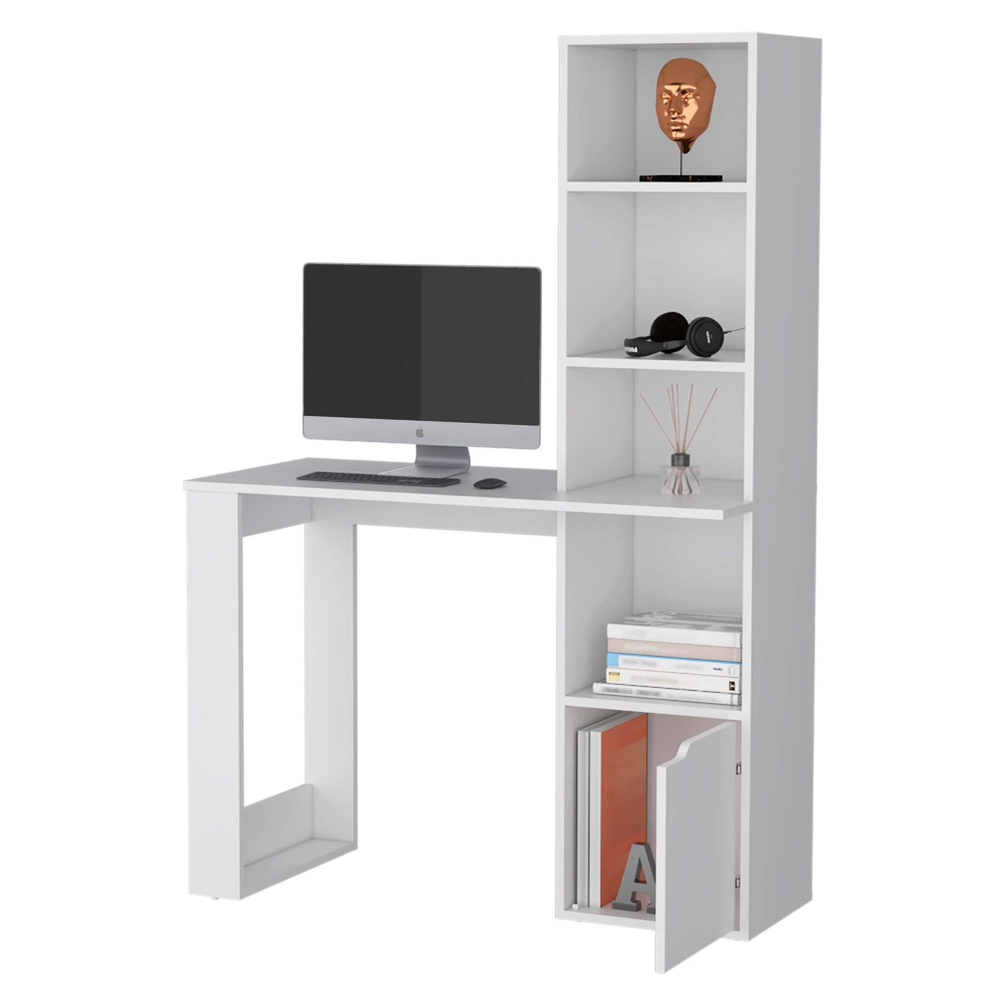 White Computer Desk with Built-In Bookcase and Cabinet for Organization