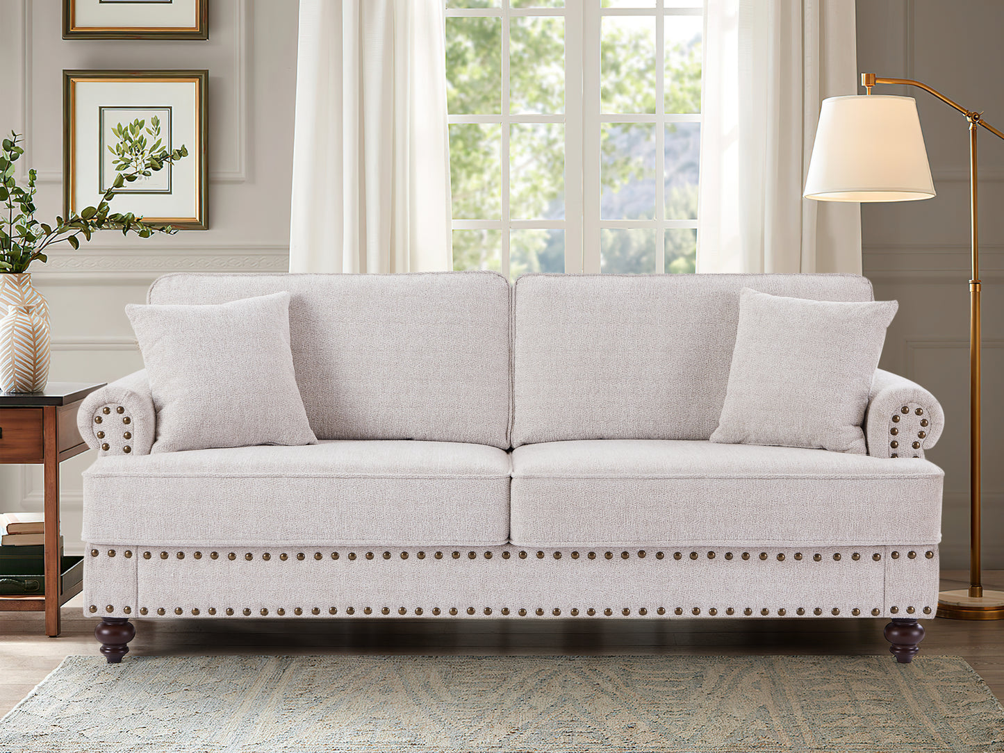 82 White Chenille Upholstered 2 Seater Sofa with Nails and Armrests