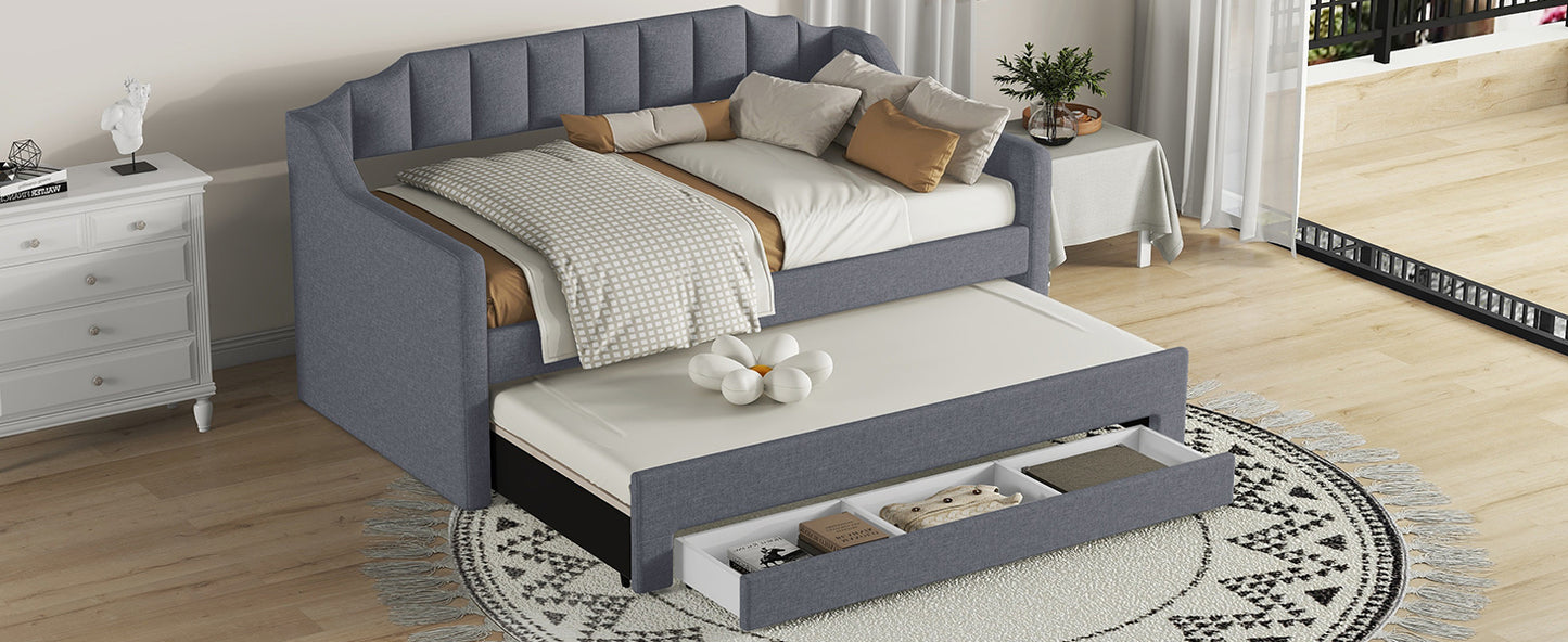 Twin Size Upholstered Daybed with Trundle and Three Drawers,Gray