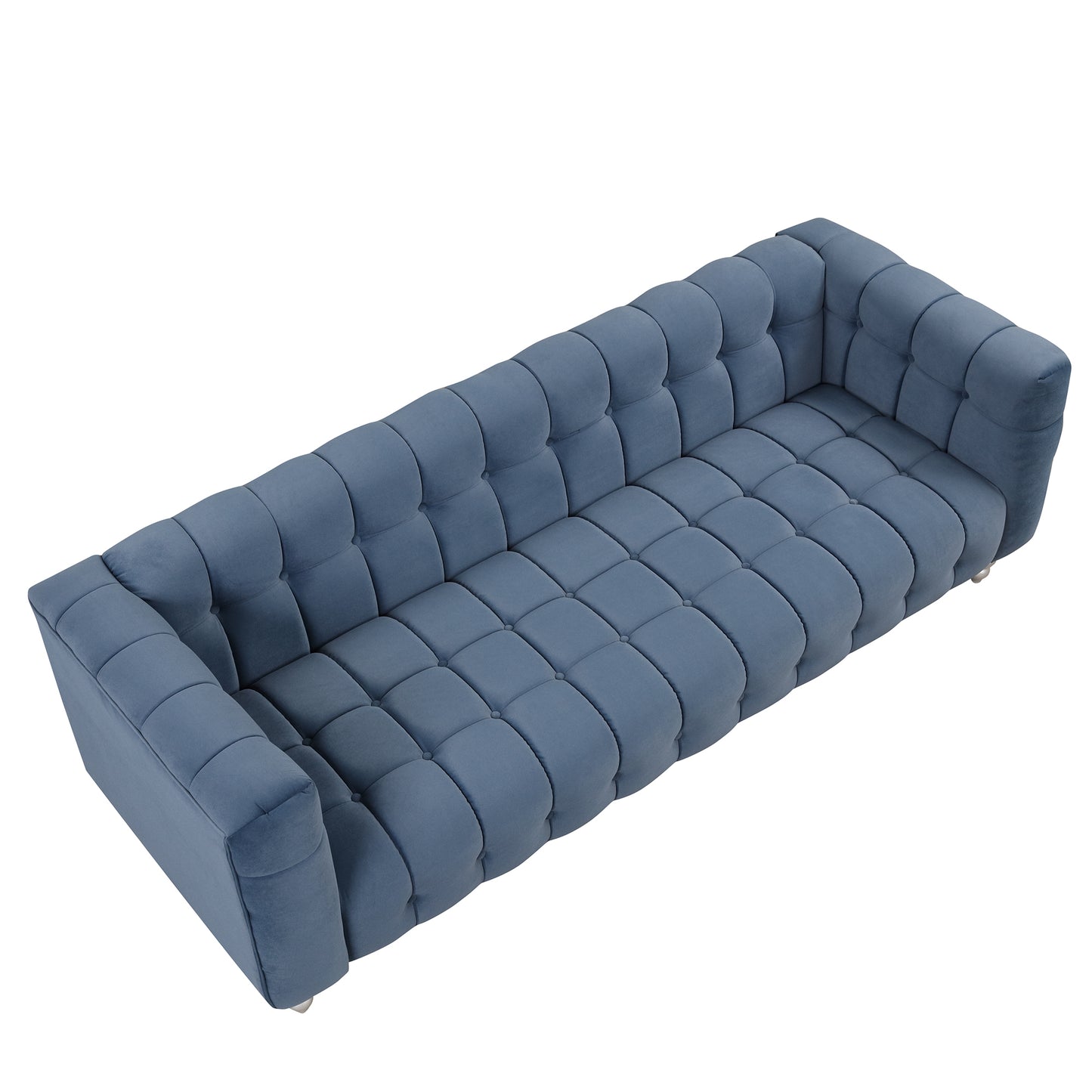 89 Modern Blue Upholstered Sofa with Tufted Backrest and Solid Wood Legs