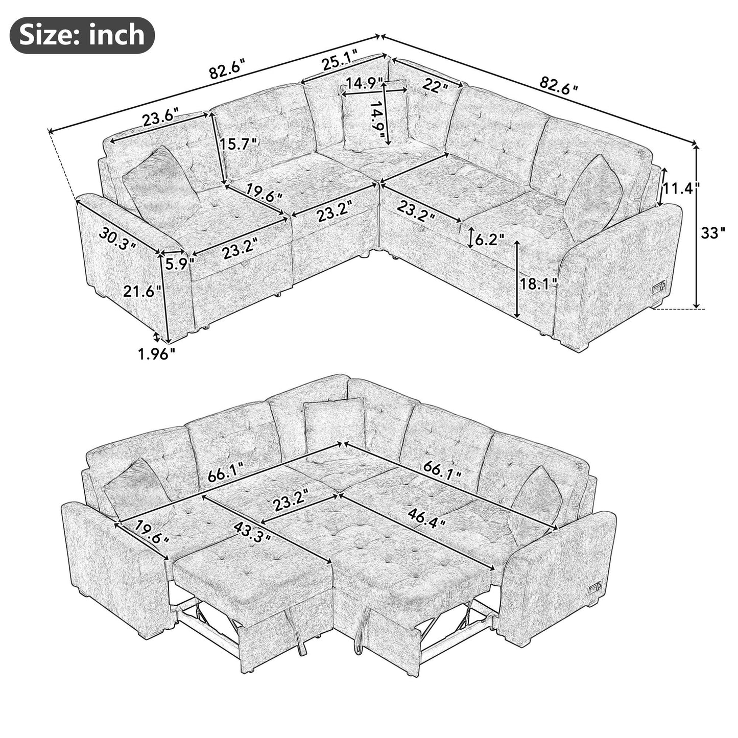 Convertible Navy Blue L-Shape Sleeper Sofa with USB Ports and Power Sockets