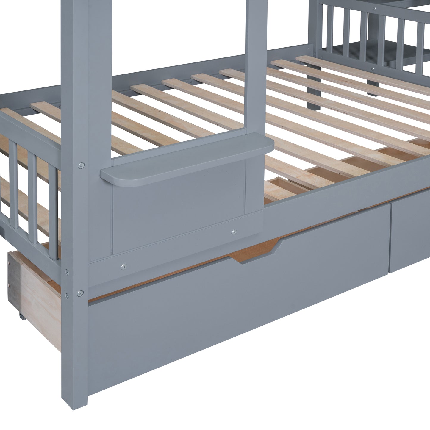 Castle Loft Bunk Bed with Slide, Drawers, and Shelves - Gray: Magical Castle Style Loft Bed with Slide, Drawers, and Shelves