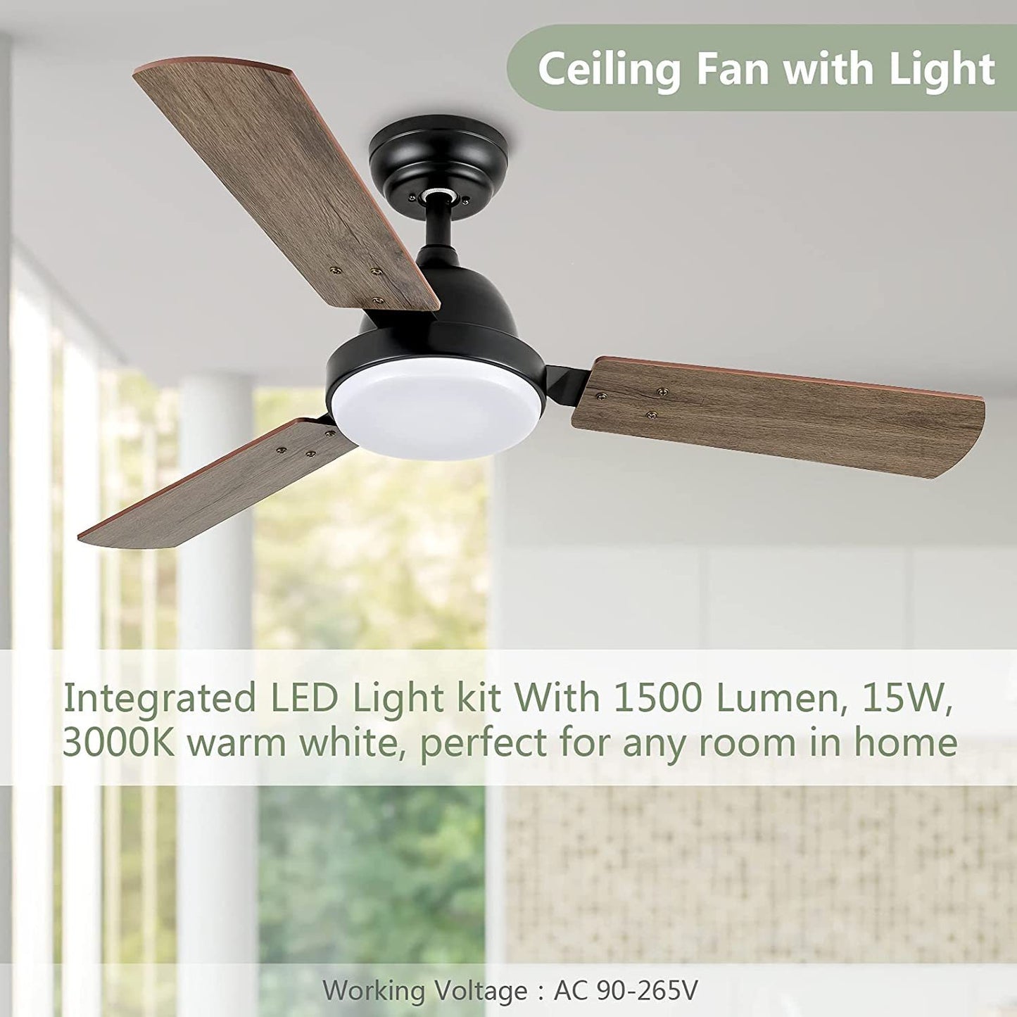 Quiet Breeze 44-inch Ceiling Fan with LED Light, Remote Control, and 6-Speed Modes