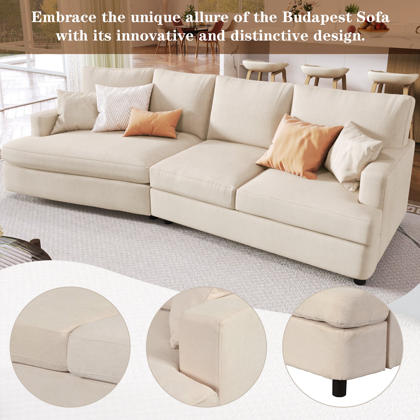 U_STYLE 3 Seat Streamlined Sofa with Removable Back and Seat Cushions and 2 pillows, for Living Room, Office, Apartment