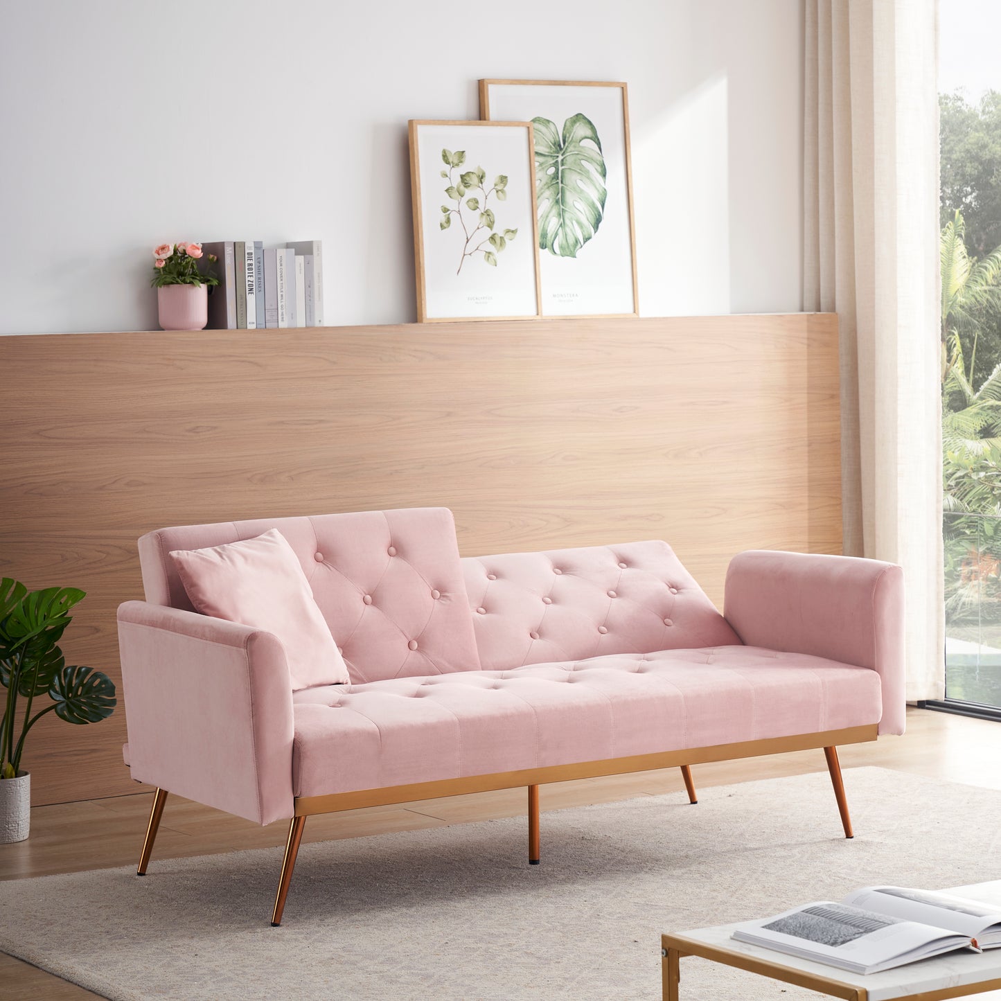 Elegant Pink Velvet Sofa Bed with Nail Head Accents and Throw Pillow