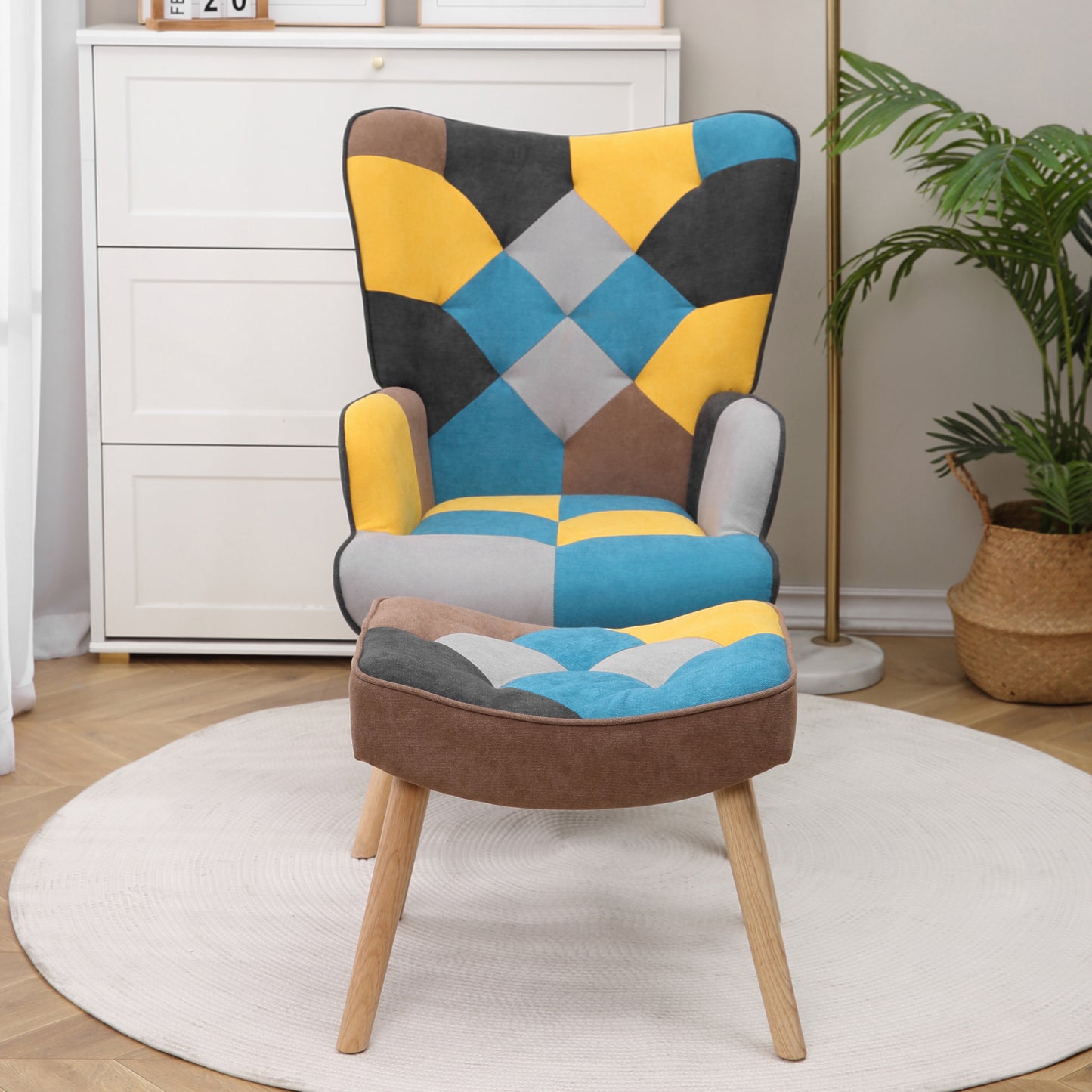 Accent Chair with Ottoman, Living Room Chair and Ottoman Set, Comfy Side Armchair for Bedroom, Creative Splicing Cloth Surface