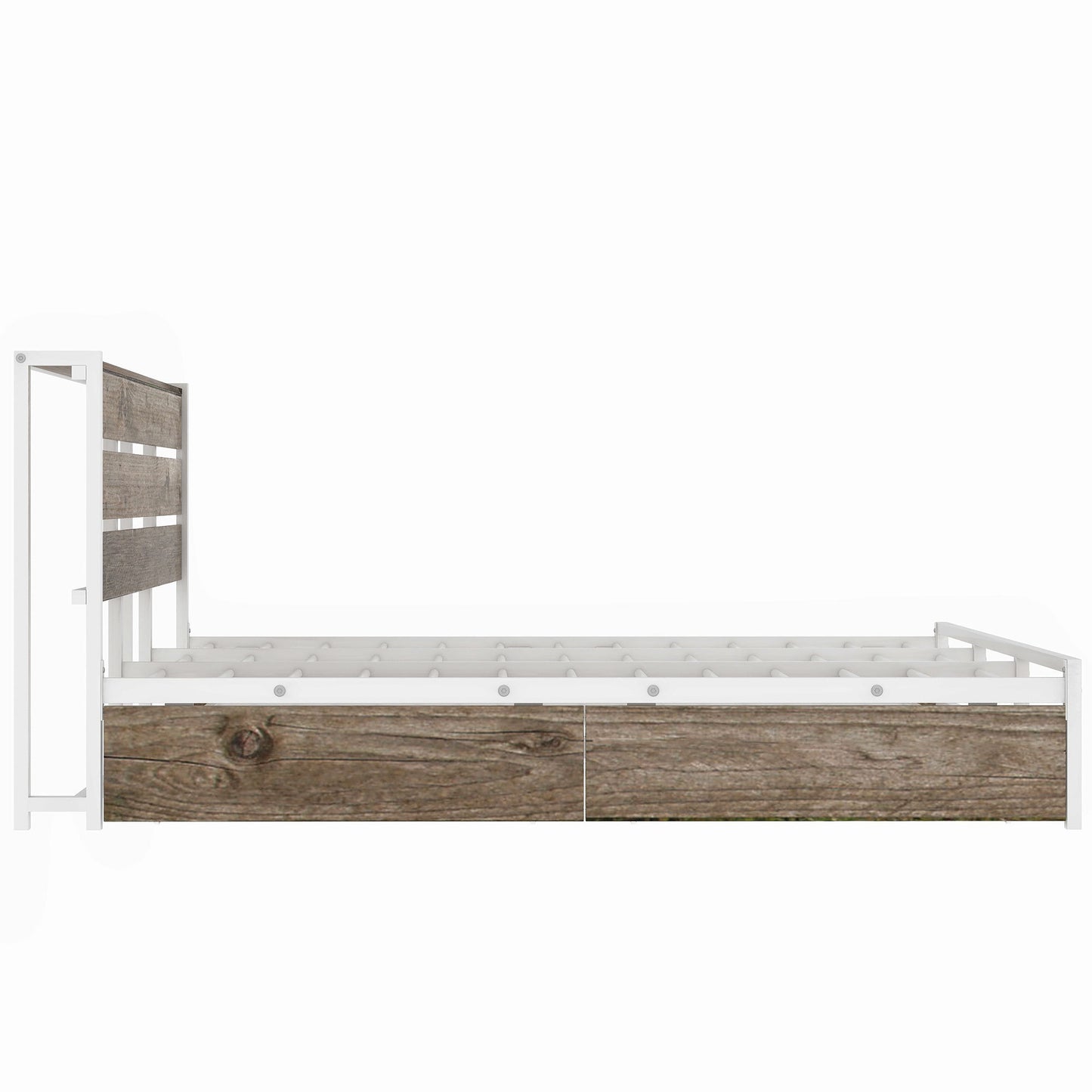 Metal Platform Bed With Drawers and trundle, Sockets and USB Ports, Queen, White