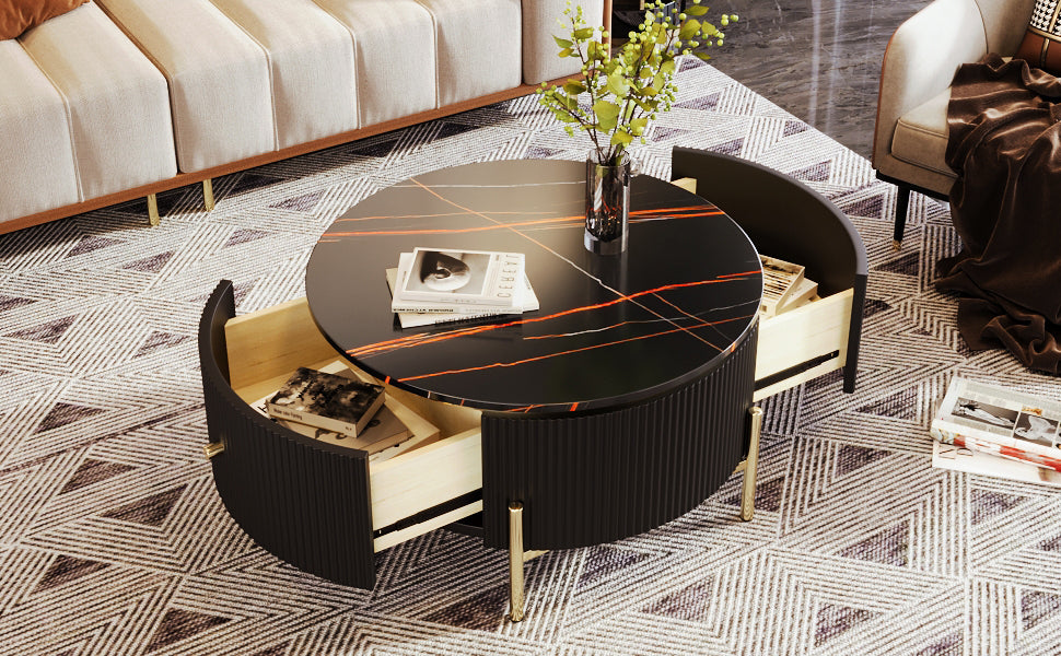 Contemporary Round Coffee Table with 2 Spacious Drawers and Marble Patterned Top