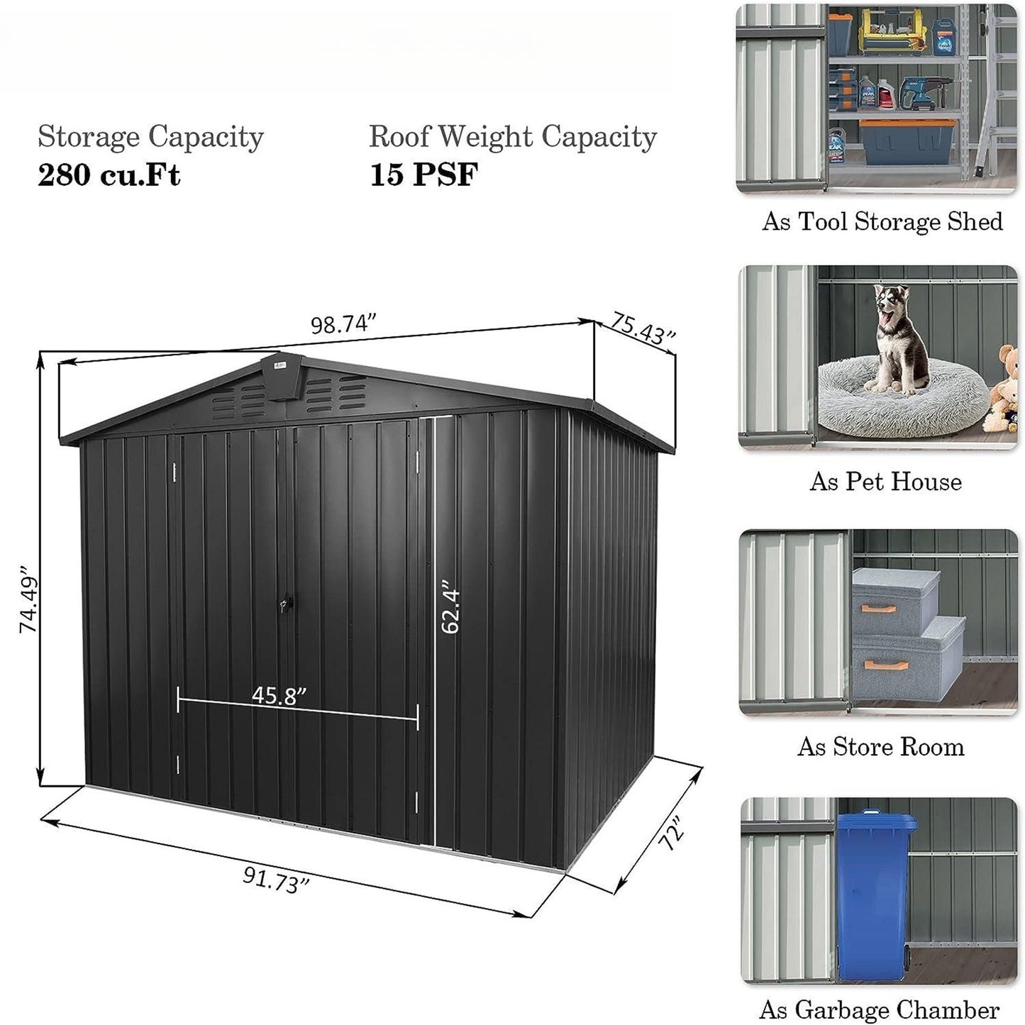 Outdoor Storage Shed 8.2'x 6.2', Metal Garden Shed for Bike, Trash Can, Galvanized Steel Outdoor Storage Cabinet with Lockable Door for Backyard, Patio, Lawn (8.2x6.2ft, Black)