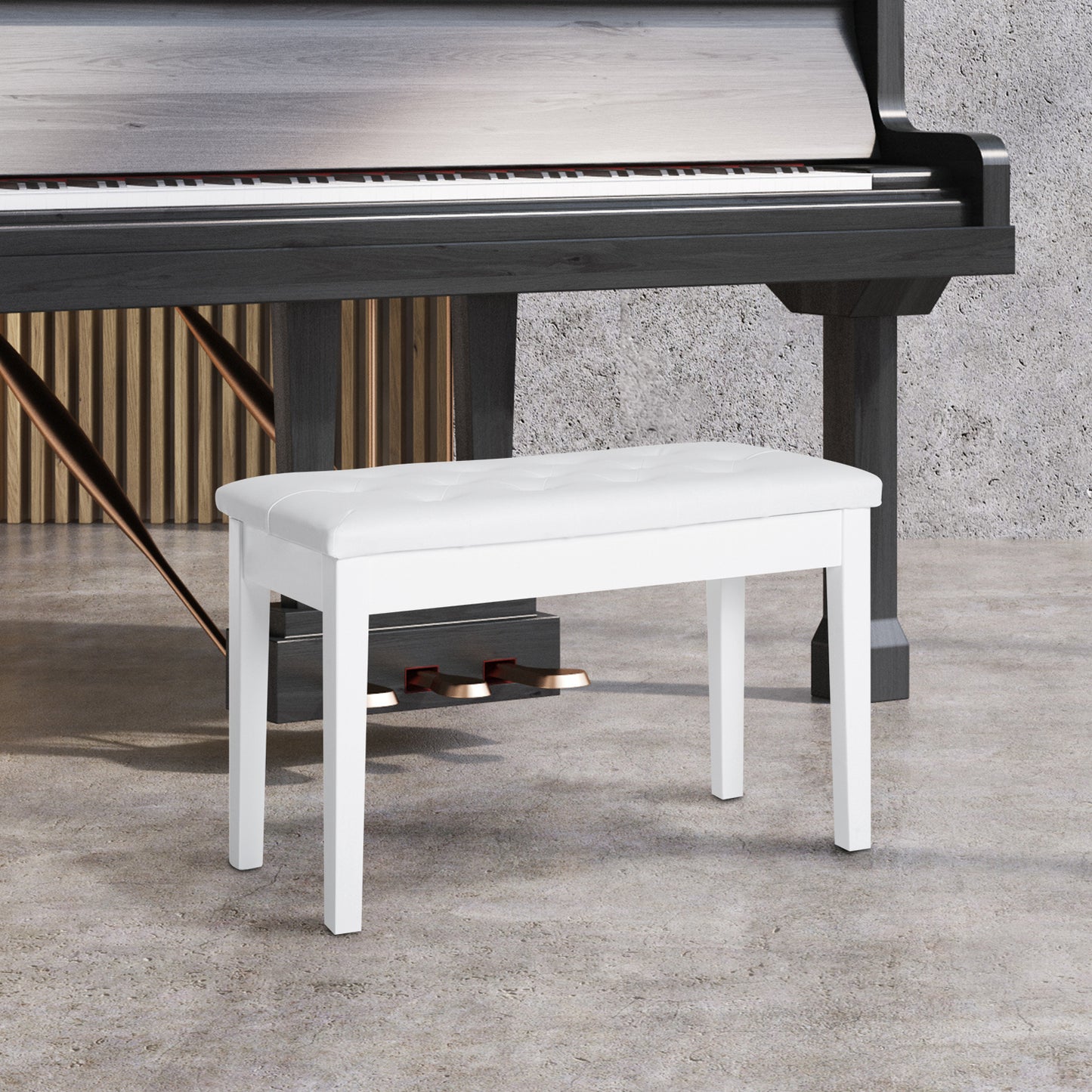 HOMCOM Piano Bench, Duet Piano Chair with Faux Leather Padded Cushion and Wooden Frame, Button Tufted Keyboard Bench, White