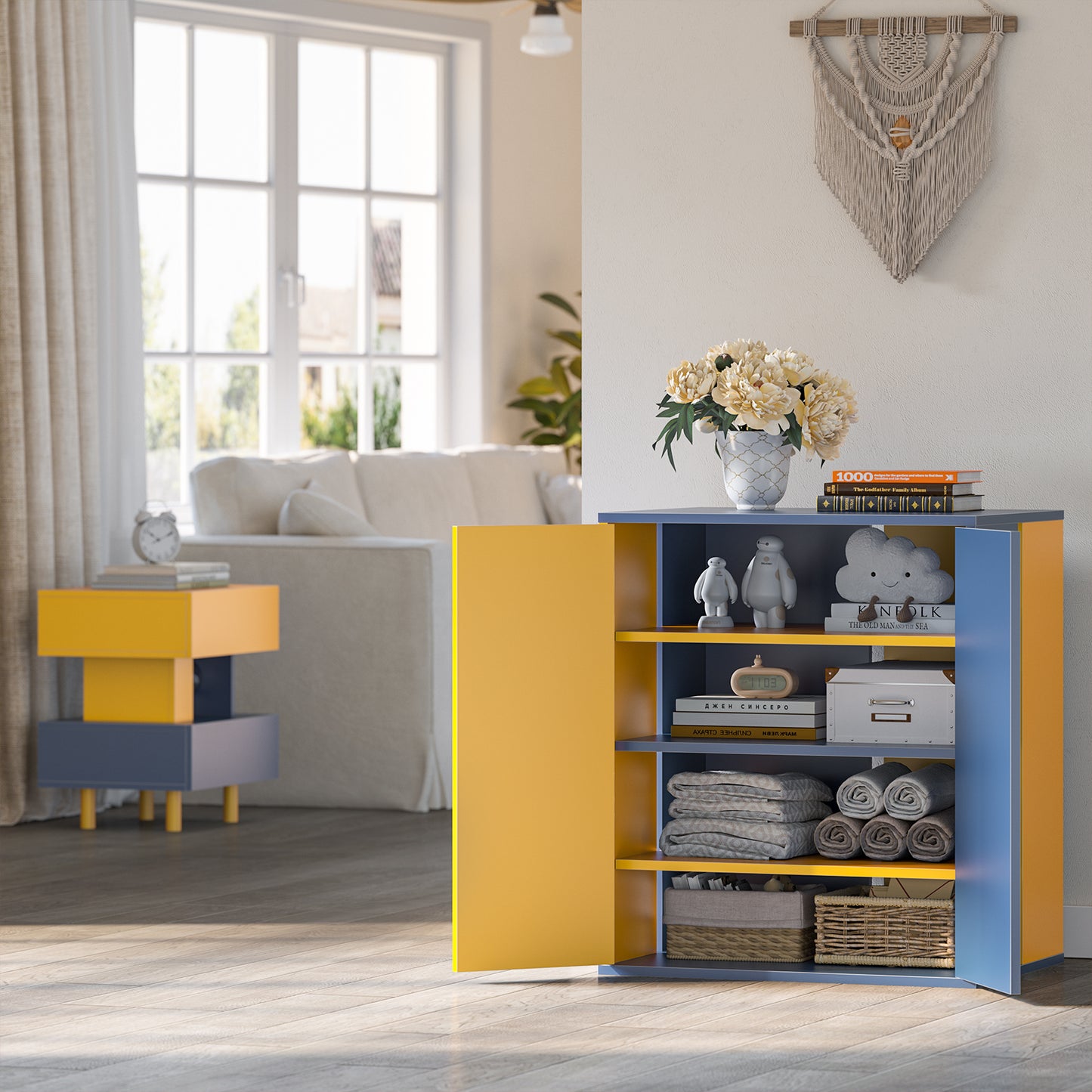 Cabinet for Storage and Coffee Bar, Modern Style, Large Capacity, Yellow & Blue