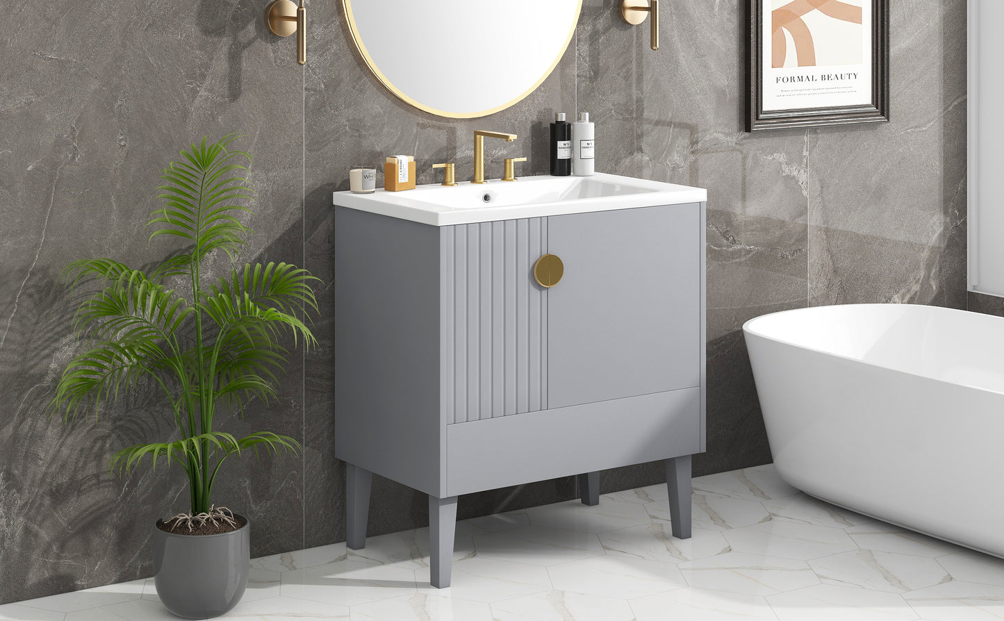 30" Bathroom Vanity with Sink Combo, Bathroom Cabinet with Door and Drawers, Solid Frame and MDF Board, Grey