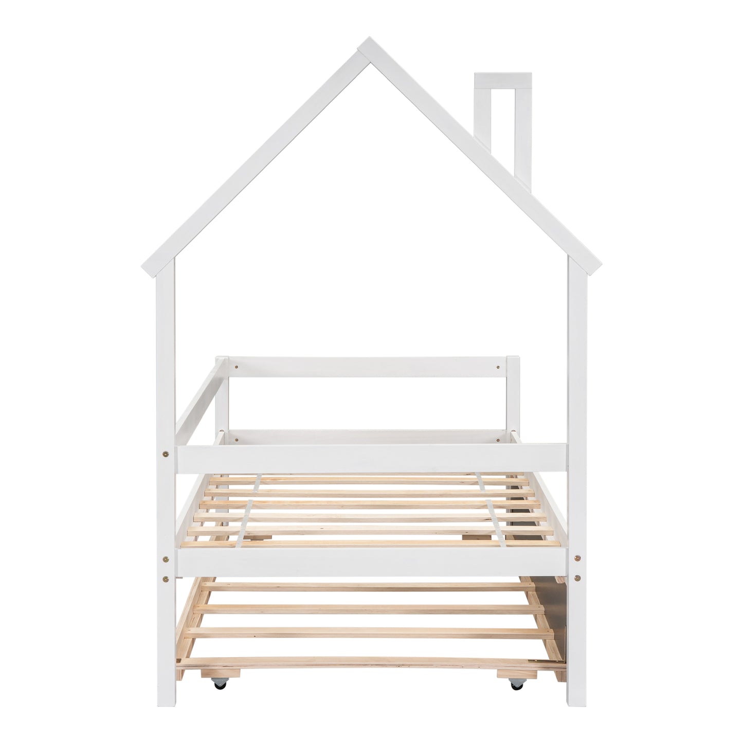 Twin Wooden Daybed with trundle, Twin House-Shaped Headboard  bed with Guardrails,White