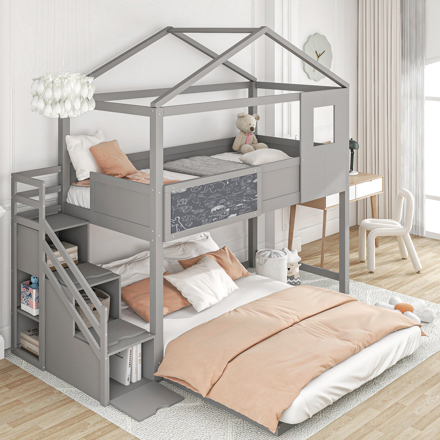 Whimsical Grey House Bunk Bed with Storage Staircase and Window