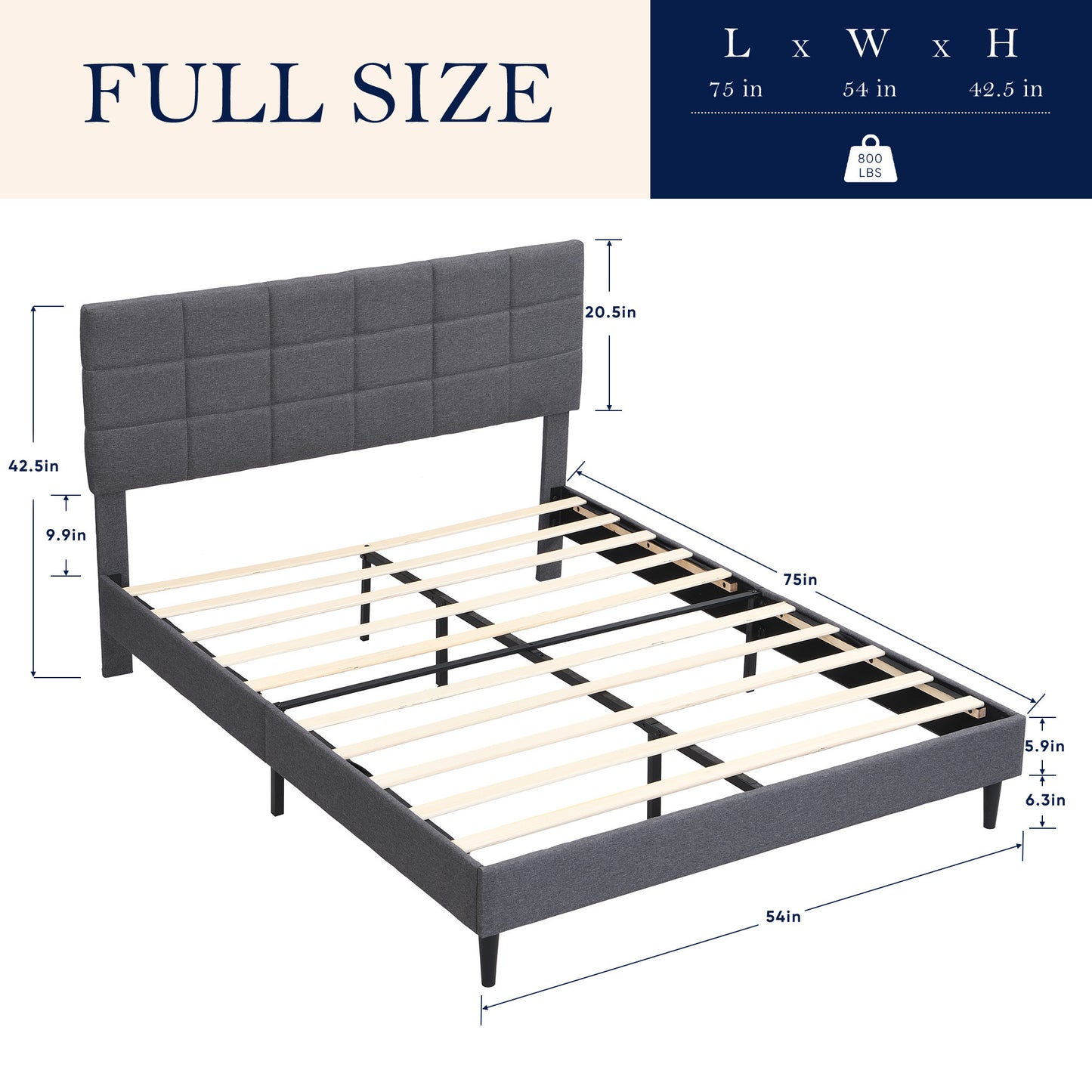 Full Size Platform Bed Frame with Fabric Upholstered Headboard and Wooden Slats, No Box Spring Needed/Easy Assembly, Grey