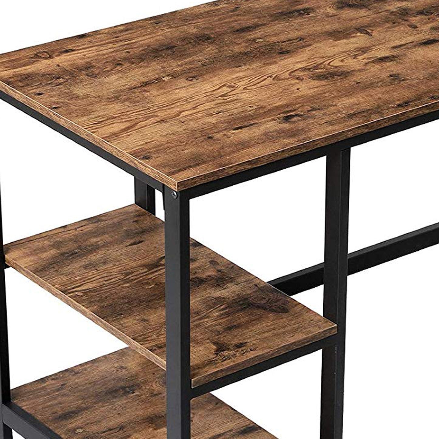 Industrial Style Wood and Metal Desk with 2 Shelves, Black/Brown