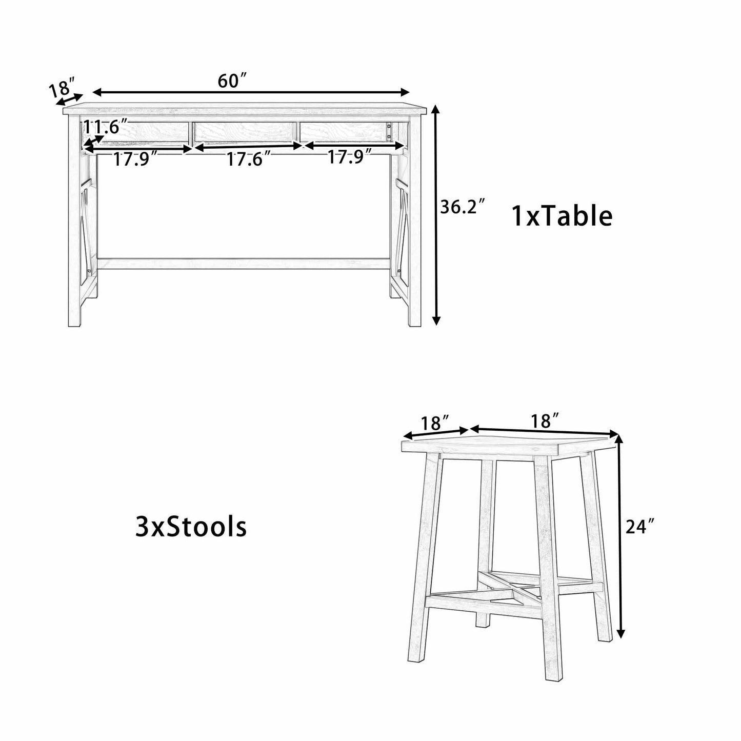 Farmhouse Counter Height 4-Piece Dining Table Set, 60" Console Kitchen Table Set with 3 Stools for Small Places,Walnut